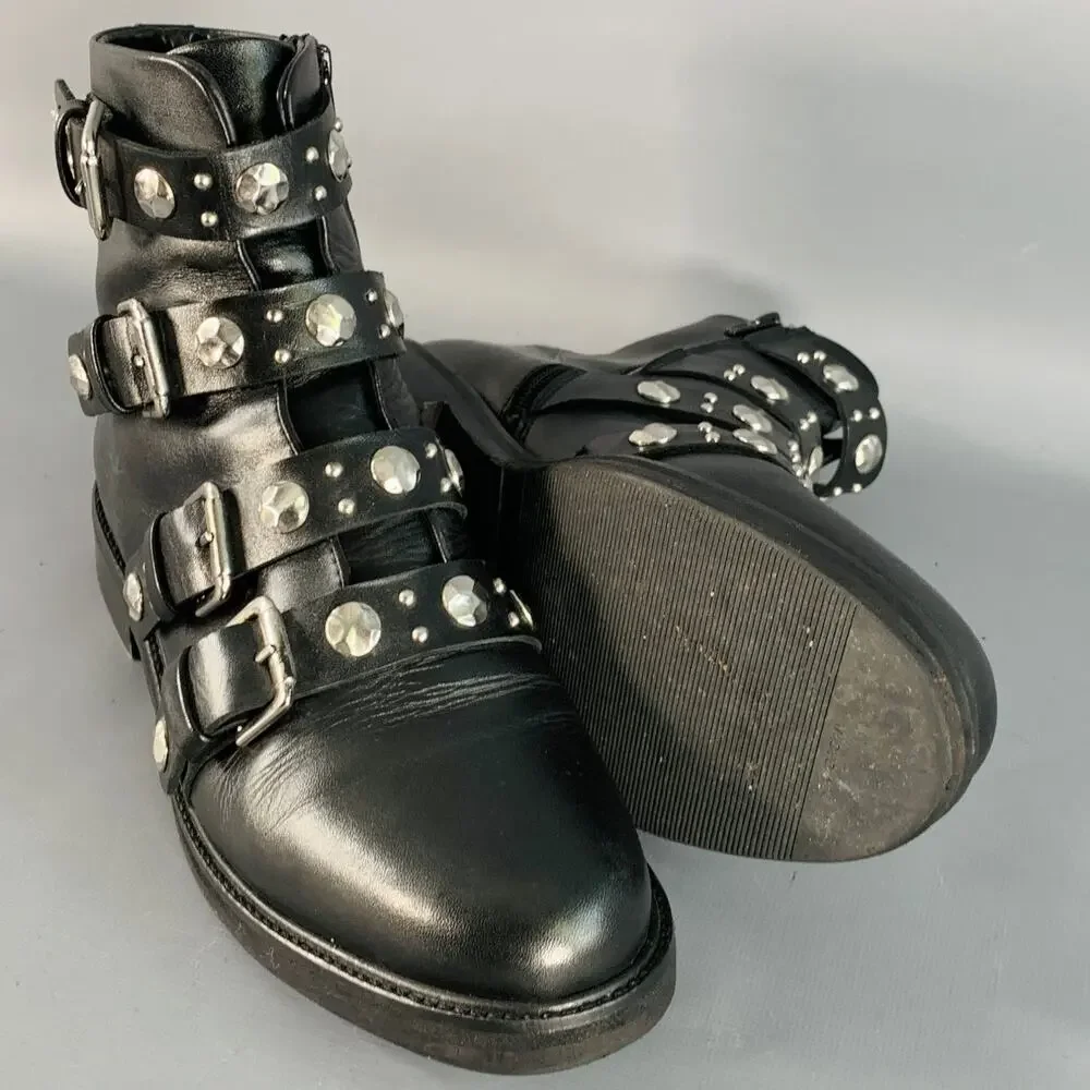 MAJE Size 9 Black Leather Studded Belted Side Zipper Military Ankle Boots - Picture 4 of 8